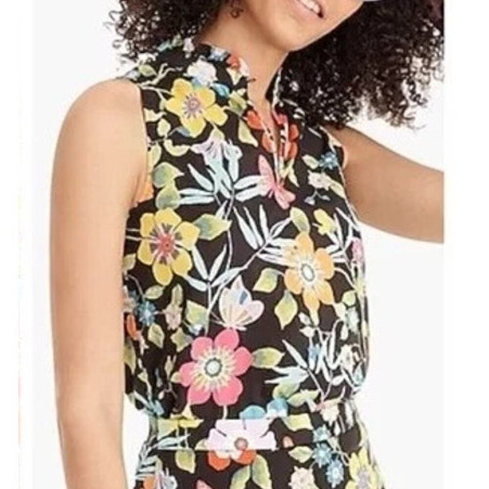J. Crew Black Floral Ruffled Neck Sleeveless Tank